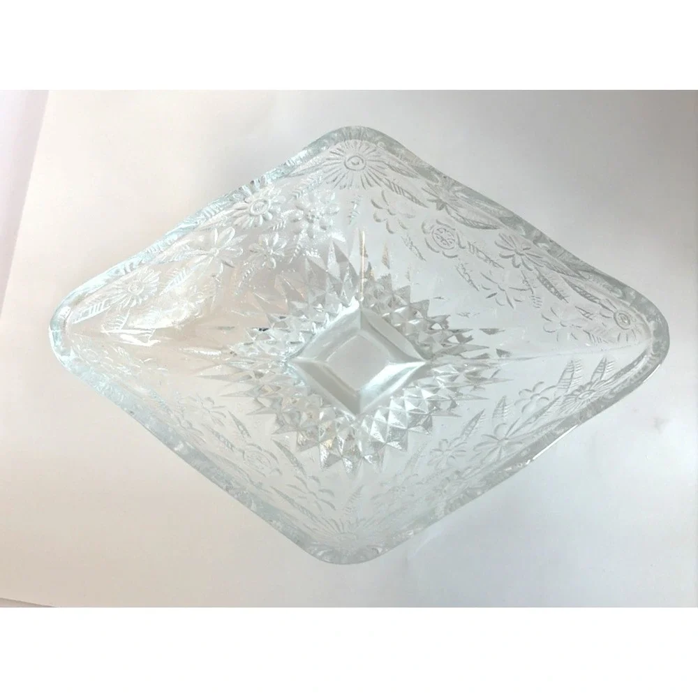Vintage Indiana Glass Diamond Shape Clear Glass Floral Footed‎ Candy Dish Bowl